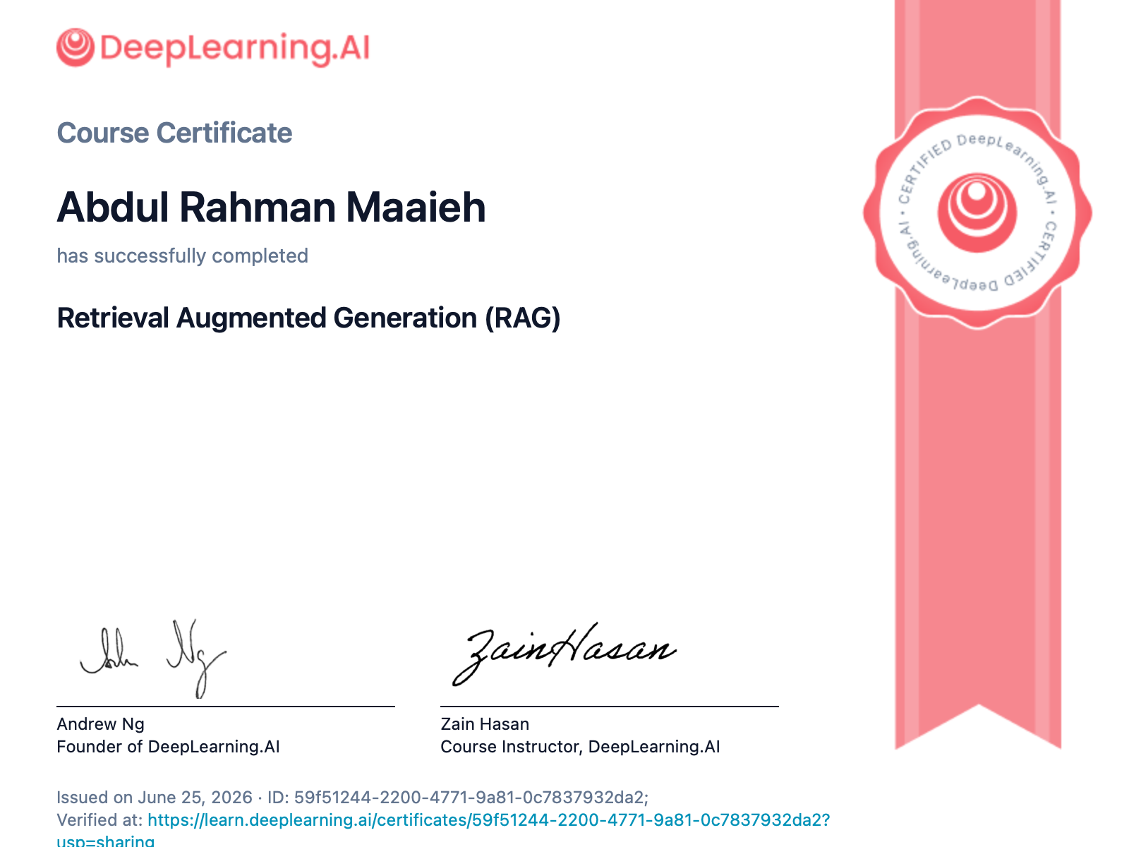 DeepLearning.AI Retrieval-Augmented Generation certificate